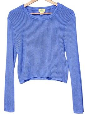 Limited America Blue Ribbed Long Sleeve Crop Knit Sweater Large made in Israel